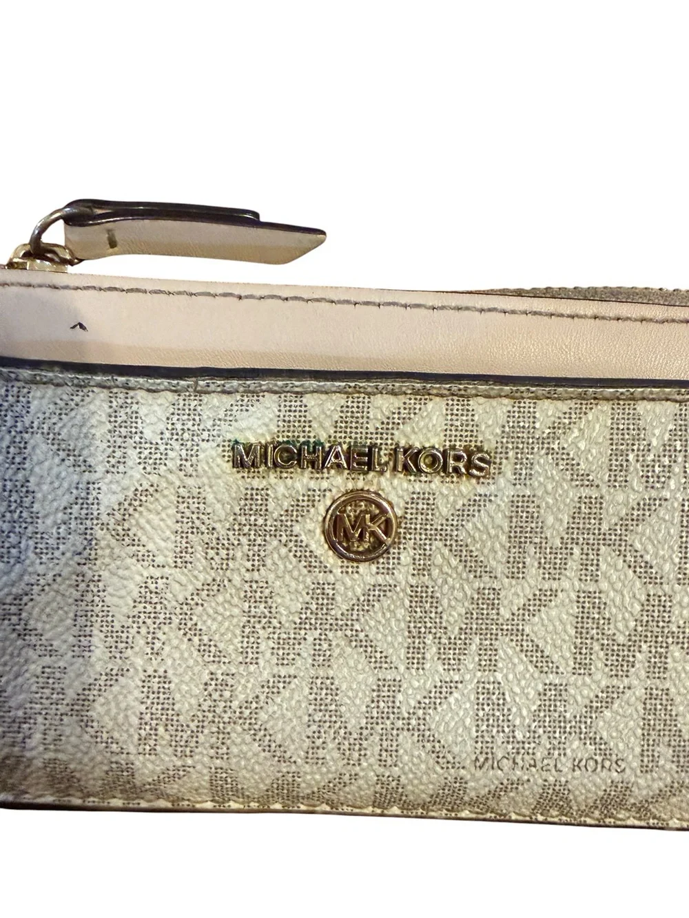 Michael Kors Women's Gold Logo Zip Wallet with Beige Trim